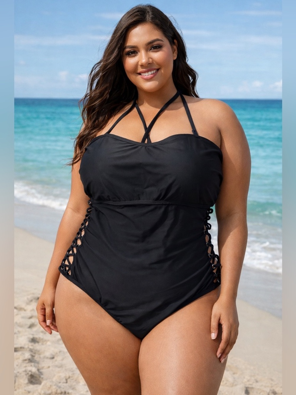Luxe Black Halter One-Piece Swimsuit Side Lace-Up Detail Glam Chic Resort Ready